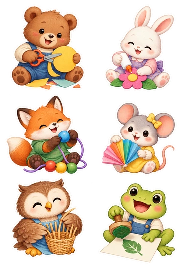 Six individual stickers: bear cutting a paper circle with rounded scissors; rabbit gluing a felt flower; fox threading a large bead onto a cord; mouse folding a colorful paper fan; owl weaving a tiny basket; frog stamping a leaf shape onto blank paper.