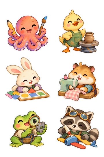 Six individual stickers: smiling octopus holding a pencil and a paintbrush; duck standing proudly beside a little clay pot on a pottery wheel; rabbit arranging colorful paper shapes on a small board; hamster operating a tiny sewing machine with a fabric swatch; frog using a magnifying lens to inspect a simple gear; raccoon wearing goggles carefully gluing two model airplane pieces.