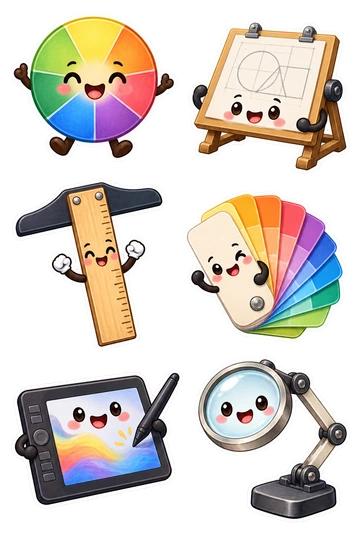 Six individual stickers: smiling color wheel with six wedges; tiny drafting board with geometric sketch; friendly T-square ruler; round fan of blank color chips; small tablet with a stylus touching its screen; cute adjustable desk magnifier.