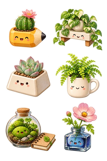 Six individual stickers: tiny cactus inside a pencil-shaped pot; trailing ivy on a miniature monitor stand; succulent in a keyboard-key-shaped planter; small fern inside a mug with a blank face; moss terrarium beside a little notebook; flower growing from an empty ink bottle.