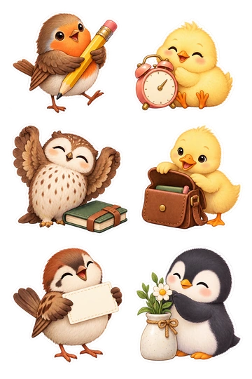 Six individual stickers: robin carrying a freshly sharpened pencil; chick sitting beside a small alarm clock without numbers; owl stretching beside a closed journal; duckling opening a tiny satchel; sparrow holding a blank task card; penguin arranging a little desk flower.