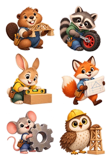 Six individual stickers: beaver holding a tiny bridge model; raccoon tightening a toy wheel; rabbit using a small spirit level on a block; fox carrying a simple blueprint with geometric lines; mouse holding a gear larger than itself; owl wearing a tiny hard hat beside a model tower.