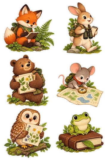 Six individual stickers: fox writing in a pocket notebook beside a fern; rabbit carrying binoculars and a tiny sketchbook; bear holding a plant sample folder; mouse using a tiny compass on a map with shapes only; owl holding a pressed flower sheet; frog sitting on a closed journal with a leaf bookmark.