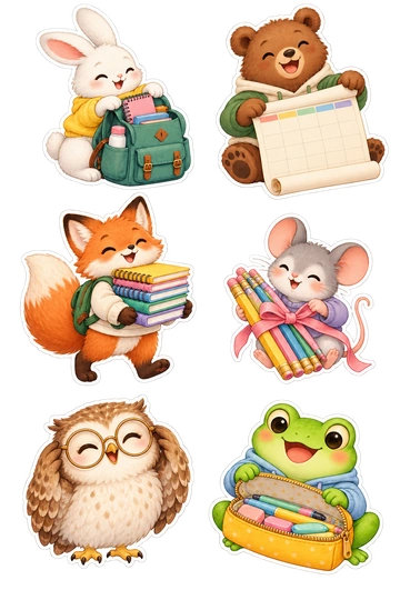 Six individual stickers: rabbit packing a new satchel; bear unrolling a blank class planner; fox holding a fresh stack of notebooks; mouse tying a bow around pencils; owl trying on new round glasses; frog opening a bright pencil case.
