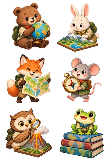Six individual stickers: bear holding a tiny globe with colored land shapes; rabbit tracing a mountain-shaped relief model; fox holding a folded map with colored paths and no text; mouse carrying a compass with no letters; owl examining a little volcano model; frog sitting on a stack of atlas books without titles.