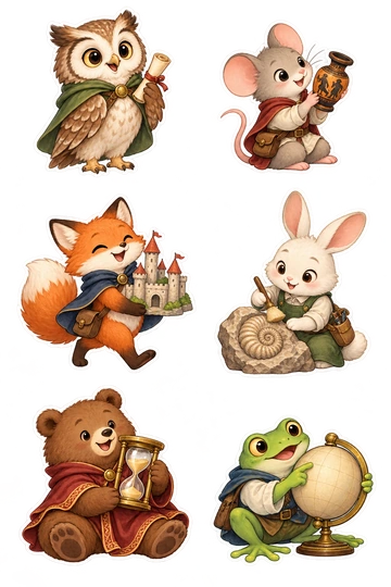 Six individual stickers: owl holding a tiny rolled parchment with no writing; mouse examining a miniature ancient vase; fox carrying a little castle model; rabbit brushing a small fossil shell; bear holding an old-fashioned hourglass; frog studying a simple blank globe.