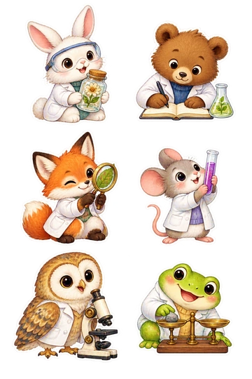 Six individual stickers: rabbit wearing goggles holding a flower specimen jar; bear writing beside a tiny beaker; fox looking at a leaf through a handheld lens; mouse holding a test tube of purple liquid; owl beside a small microscope; frog weighing a pebble on a little balance.