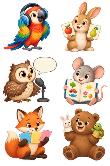 Six individual stickers: parrot listening closely through oversized headphones; rabbit matching two picture cards showing an apple and a pear; owl speaking toward a small microphone with one blank rounded speech bubble attached; mouse holding an open picture dictionary with only tiny drawings; fox sorting three blank colorful flashcards in its paws; bear practicing a story with two finger puppets on its paws.