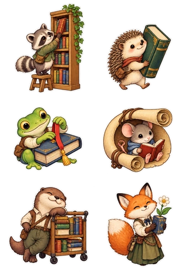 Six individual stickers: raccoon standing on a small stool to reach a tall bookshelf; hedgehog carrying a book larger than itself; frog carefully sliding a ribbon bookmark into a closed book; mouse reading inside a rolled parchment scroll with no lettering; otter leaning against a wheeled cart full of books; fox librarian holding a small flower in a book-shaped vase.