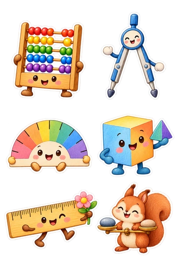 Six individual stickers: smiling abacus with colorful beads and wooden frame; friendly compass drawing tool with rounded safe tips; little protractor with color wedges but no numbers; cube-shaped character holding a tiny triangular prism; ruler with tick marks and a flower but no digits; small squirrel balancing two smooth stones on a little scale.