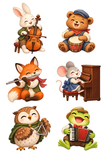 Six individual stickers: rabbit playing a small cello; bear tapping a little hand drum; fox holding a flute; mouse sitting at a tiny upright piano; owl holding a triangle instrument; frog playing a miniature accordion.