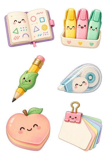 Six individual stickers: open notebook with only geometric doodles; smiling highlighter trio in a tiny tray; pencil with a leaf-shaped grip; small correction tape dispenser; round sticky-note pad shaped like a peach; binder clip holding a fan of blank cards.