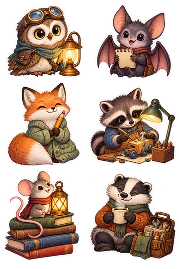 Six individual stickers: owl wearing goggles beside a small lamp; bat holding a tiny sketchbook; fox wrapped in a cardigan with a pencil; raccoon repairing a toy under a desk light; mouse sitting on a stack of books with a lantern; badger holding a warm mug beside a toolkit.