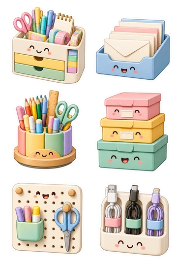 Six individual stickers: smiling drawer organizer with colorful stationery; small letter tray holding blank envelopes; round rotating pencil carousel; stack of tabbed storage boxes with blank labels; tiny pegboard with two attached tools; small cable holder with neatly looped cords.