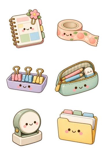 Six individual stickers: spiral planner with simple colored blocks and a clipped flower; roll of peach decorative tape with a short connected strip; tiny tray holding three pastel binder clips; open pencil case with two pencils and an eraser tucked inside; round date stamp with a blank face on a small base; small smiling tabbed folder holding neatly layered plain paper.
