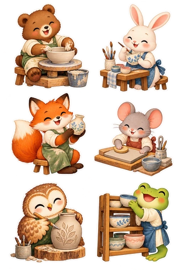 Six individual stickers: bear shaping a clay bowl; rabbit painting a small ceramic cup; fox holding a tiny finished vase; mouse smoothing a clay tile; owl carving a leaf pattern on a pot; frog loading a little shelf with ceramic bowls.