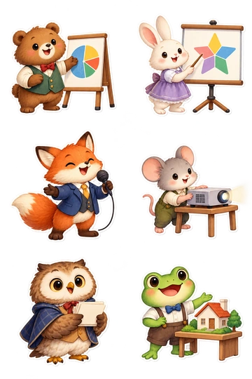 Six individual stickers: bear standing at a small easel showing a pie chart without labels; rabbit holding a short pointer next to a star diagram; fox speaking into a tiny microphone; mouse adjusting a small projector; owl holding a stack of blank cue cards; frog presenting a little model house.