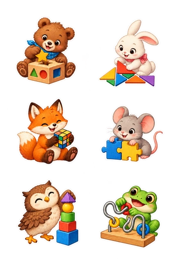 Six individual stickers: bear fitting a wooden star into a shape sorter; rabbit arranging colorful tangram pieces; fox turning a small puzzle cube; mouse connecting two jigsaw pieces; owl balancing a stack of geometric blocks; frog threading a ring through a curved wire puzzle.