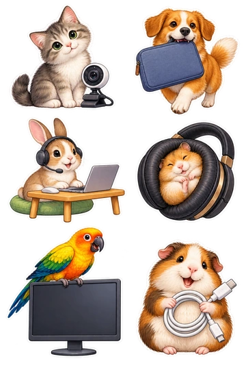 Six individual stickers: cat perched beside a tiny webcam; dog carrying a soft laptop sleeve; rabbit wearing a headset at a low desk; hamster curled inside a headphone earcup; parrot standing on a monitor with a blank screen; guinea pig holding a coiled charging cable.