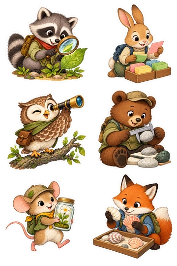 Six individual stickers: raccoon holding a magnifying glass over a leaf; rabbit sorting colorful index cards; owl peering through a tiny telescope; bear measuring a smooth stone with calipers; mouse carrying a sample jar with a flower; fox comparing two shells on a tray.