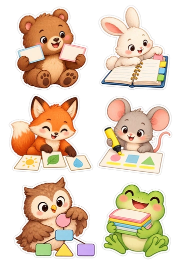 Six individual stickers: bear comparing two blank note cards; rabbit moving a colored tab in a notebook; fox sorting three picture flashcards; mouse using a highlighter on geometric blocks; owl arranging a tiny concept map of connected shapes; frog holding a stack of neat study cards.