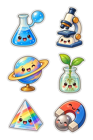 Six individual stickers: smiling flask containing blue liquid and one connected rounded bubble; little microscope with a friendly face on its base; round model planet with a tilted ring on a tiny stand; small green sprout in a clear laboratory jar; friendly prism with colored stripes across its body; cute magnet shaped like a horseshoe hugging one steel ball.