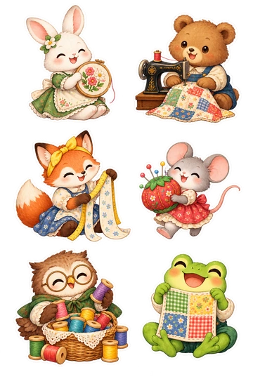Six individual stickers: rabbit holding a small embroidered hoop; bear feeding fabric into a tiny sewing machine; fox measuring a cloth strip; mouse carrying a pincushion; owl sorting colorful thread spools; frog holding a finished patchwork square.