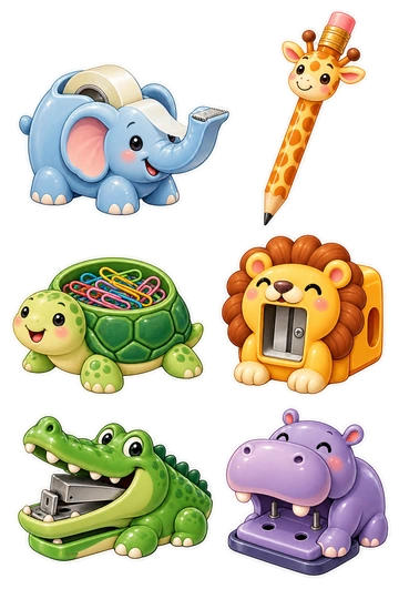 Six individual stickers: elephant-shaped tape dispenser; giraffe pencil with an eraser head; turtle-shaped paperclip dish; lion-face pencil sharpener; crocodile-shaped stapler; hippo-shaped hole punch.