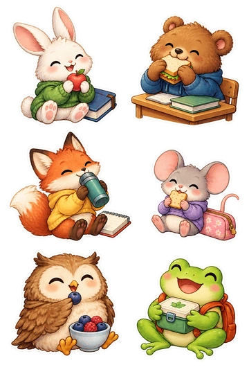 Six individual stickers: rabbit holding a little apple beside a closed book; bear eating a small sandwich at a desk; fox sipping from a thermos beside a notebook; mouse holding a cracker near a pencil case; owl enjoying a berry in a small bowl; frog holding a tiny lunch tin.
