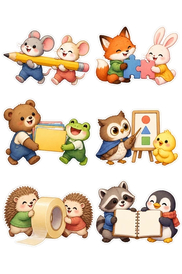Six individual stickers: two mice carrying one long pencil; fox and rabbit fitting two puzzle pieces together; bear and frog lifting a small folder stack; owl pointing at a simple shape diagram for a chick; two hedgehogs rolling a large tape spool; raccoon and penguin holding one open blank notebook.