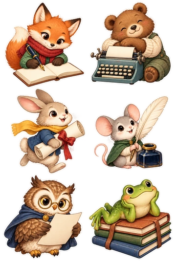 Six individual stickers: fox writing with a fountain pen in a blank notebook; bear leaning on a tiny typewriter with blank keys; rabbit carrying a rolled manuscript tied with ribbon; mouse holding a quill beside a small ink bottle; owl reading a blank page through spectacles; frog resting on a stack of unlabelled notebooks.