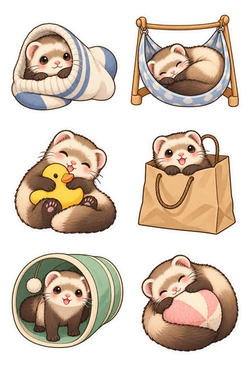 Six autocollants pour animaux de compagnie kawaii: furet jetant un coup d'œil à partir d'une chaussette roulée, furet endormi enroulé dans un hamac en tissu suspendu avec cadre, furet étreignant un petit jouet de canard grinçant, furet sortant d'un sac en papier sans lettrage, furet debout dans un petit tunnel de jeu, furet enroulé autour d'une balle ronde douce.