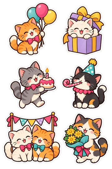 Sechs originale feiernde Katzensticker mit abgerundeten dunklen Konturen und weißen Schnitträndern: eine Katze mit Luftballons, ein Kätzchen springt aus einer Geschenkbox, eine Katze mit Geburtstagstorte, eine Katze mit Luftrüssel, zwei Katzen unter einer Partygirlande und eine Katze mit Blumenstrauß.