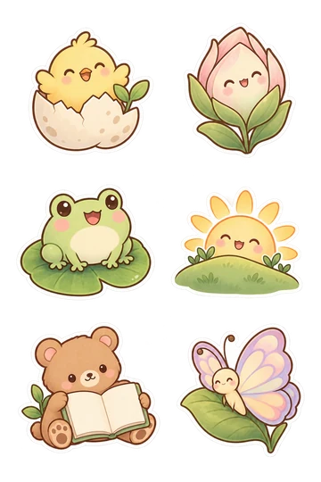 Sechs Sticker zum Thema „Neuanfang“: glückliche Küken aus einer Eierschale mit einem winzigen Blatt, lächelnde Blume Knospe beginnt zu öffnen, rund Frosch auf einem neuen grünen Lilienpad thront, fröhliche Morgensonne direkt hinter einem kleinen Hügel aufgehen, winziger Bär öffnet ein frisches leeres Notizbuch, Schmetterling mit neu geöffneten Pastellflügeln auf einem Blatt thront.