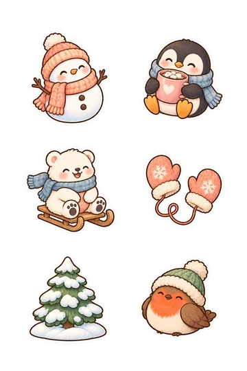 Six kawaii seasonal stickers: round snowman wearing a peach scarf and knitted hat, penguin hugging a cup of cocoa, polar bear seated on a tiny sled, pair of mittens linked by a curled cord, snowy fir tree on a rounded snow base, chubby robin resting in a woolen hat.