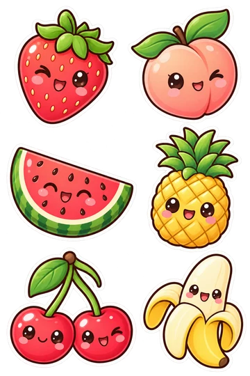 Sechs niedliche Essens-Sticker: Erdbeere mit Blattkrone, Pfirsich mit zwei Blättern, Wassermelonenschnitz, Ananas, Kirschenpaar und geschälte Banane.