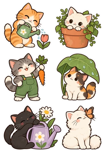 Six original garden cats stickers with rounded dark outlines and white cut borders: cat watering tulip, kitten in flowerpot, cat holding carrot, cat beneath leaf umbrella, cat beside watering can, cat watching butterfly.