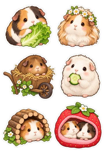 Six autocollants animaux kawaii : cochon d'Inde tricolore câlinant une feuille de laitue, cochon d'Inde moelleux portant une petite couronne de marguerites, cochon d'Inde brun niché dans une brouette de foin, cochon d'Inde blanc grignotant une tranche de concombre tenue dans ses pattes, cochon d'Inde regardant à travers un petit tunnel en bois, paire de cochons d'Inde nichés ensemble dans un lit en forme de fraise.