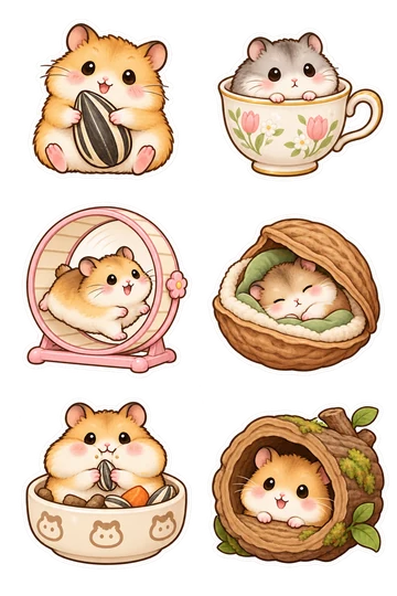 Six kawaii pets stickers: golden hamster hugging a sunflower seed, dwarf hamster perched inside a teacup, plump hamster running in a freestanding pastel wheel, sleepy hamster tucked inside a walnut-shell bed, hamster with stuffed cheeks sitting in a tiny food bowl, hamster peeking from a hollow wooden log.
