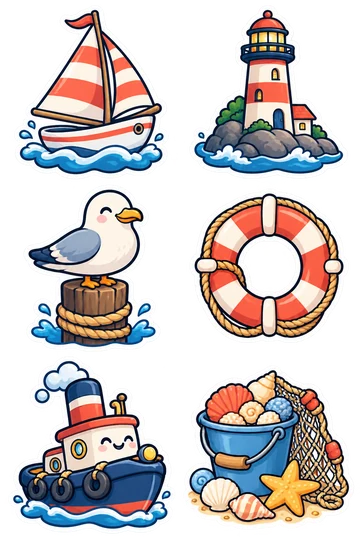 Six harbor days stickers: Small cheerful sailboat with striped coral-and-white sail; Rounded lighthouse on a tiny rocky island; Plump seagull sitting on a wooden mooring post; Lifebuoy wrapped with a neatly coiled rope; Little harbor tugboat with a smiling face and rounded smokestack; Bucket of seashells beside a tiny fishing net within one shared white cut boundary.