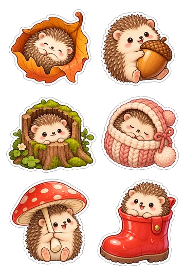 Six kawaii pets stickers: hedgehog curled in a fallen leaf, hedgehog hugging an acorn, hedgehog peeking from a mossy tree stump, hedgehog sleeping in a tiny knitted pouch, hedgehog holding a mushroom like an umbrella, hedgehog sitting in a miniature red rain boot.