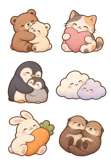 Six autocollants d'encouragement kawaii: deux ours ronds s'embrassant, un chat enveloppant les deux pattes autour d'un coussin de cœur, un parent pingouin étreignant un poussin pingouin moelleux, une paire de nuages souriants se penchant ensemble, un lapin câlinant un grand oreiller en forme de carotte, deux loutres endormies tenant les pattes tout en étant nichées ensemble.