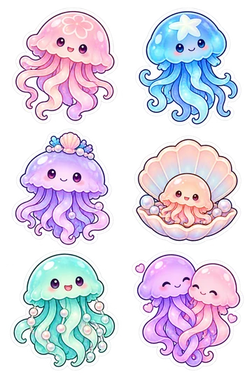 Six jellyfish glow stickers: Rose-pink moon jellyfish with ribbon-like tentacles; Blue jellyfish with a star-shaped bell pattern; Lilac jellyfish wearing a small seashell crown; Tiny peach jellyfish sitting inside an open scallop shell; Mint jellyfish with a round bell and little pearl beads on tentacles; Two small purple and pink jellyfish cuddling with tentacles linked in one shared white cut boundary.