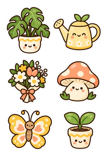 Six garden stickers: a potted plant, watering can, flowers, mushroom, butterfly and seedling