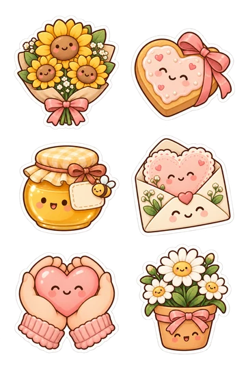 Six kawaii friendship and gift stickers: smiling sunflower bouquet wrapped in paper, heart-shaped cookie tied with ribbon, small honey jar with bow and blank label, envelope holding a heart-shaped card, pair of hands gently cupping one heart, potted daisy with a bow around the pot.
