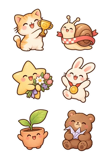 Six autocollants d'encouragement kawaii: chat fier tenant un petit trophée d'or, joyeux escargot traversant un ruban de finition court enroulé autour de sa coquille, étoile joyeuse tenant un petit bouquet de fleurs, lapin rayonnant portant une médaille d'or, pousse en pot souriant montrant sa première grande feuille, ours tenant une grue en papier soigneusement pliée.