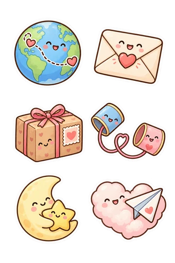 Six kawaii friendship and gift stickers: globe with two attached hearts linked by a curved dotted route printed on globe, closed envelope with heart seal, small parcel with ribbon and heart postage stamp without writing, two tin-can telephones connected by a thick looping cord, smiling moon cuddling a small star, paper airplane resting on a heart-shaped cloud.
