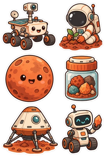 Six mars mission stickers: Six-wheeled round Mars rover with a cheerful face; Astronaut planting a tiny sprout in rust-red soil; Copper-red planet with a smiling cratered face; Little sample jar of colorful Mars rocks; Compact descent capsule with extended landing legs; Friendly robot holding a small orange mineral crystal.