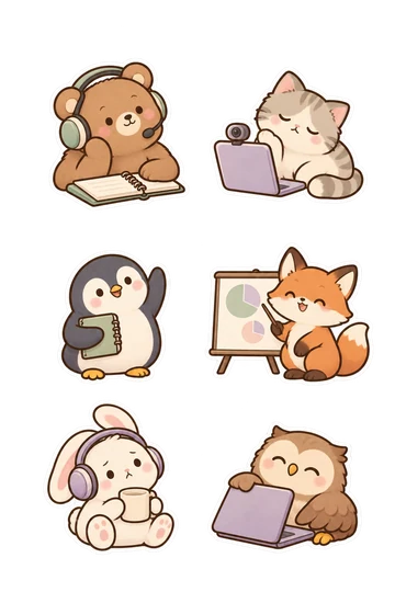 Six kawaii workstudy stickers: bear with a headset listening patiently beside a small notebook, sleepy cat sitting beside a webcam-topped laptop, penguin raising one flipper politely while holding a notebook, fox presenting a tiny board showing only simple pie shapes, confused bunny with oversized headphones clutching a plain mug, happy owl closing a laptop after a call.