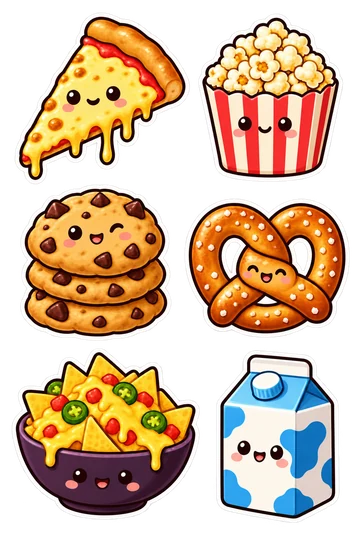 Sechs niedliche Essens-Sticker: Käsepizzastück, Popcorn im gestreiften Becher, gestapelte Schokokekse, Brezel mit Salzkristallen, Schale mit Käsenachos und unbeschrifteter Milchkarton.